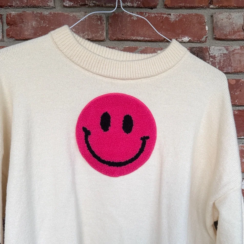 Hazel & Olive Cream Sweater with Colorful Smiley Faces one size - Picture 2 of 8